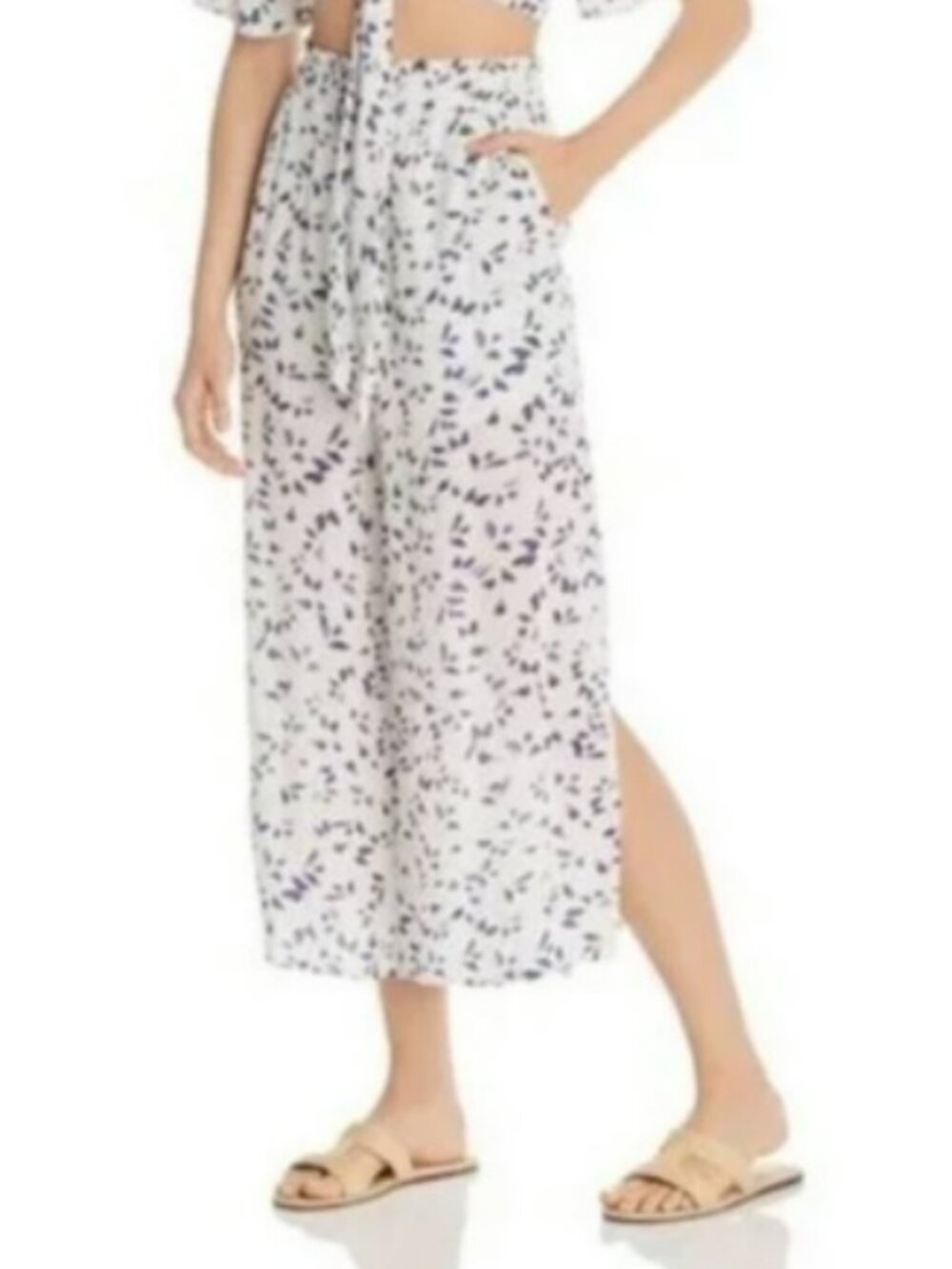 Lost + Wander High Rise Flowy Wide-Leg Culottes Crop Pant White/Navy Blue - NWT